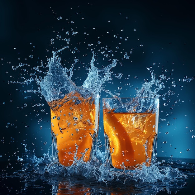 water and juice on a dark blue background