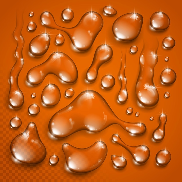 Vector water or juice drops set vector realistic 3d elements collection, transparent dew condensation drops over transparency checker mesh, prepared to put over orange background.