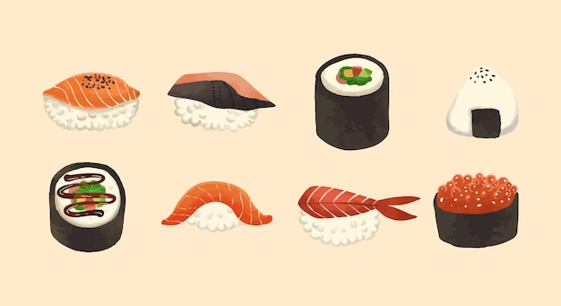 Water kleur handgetekende sushi eten geïsoleerde vector set collectie