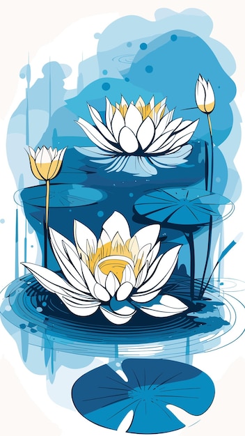 Water lily in the pond drawing cartoon artwork vector