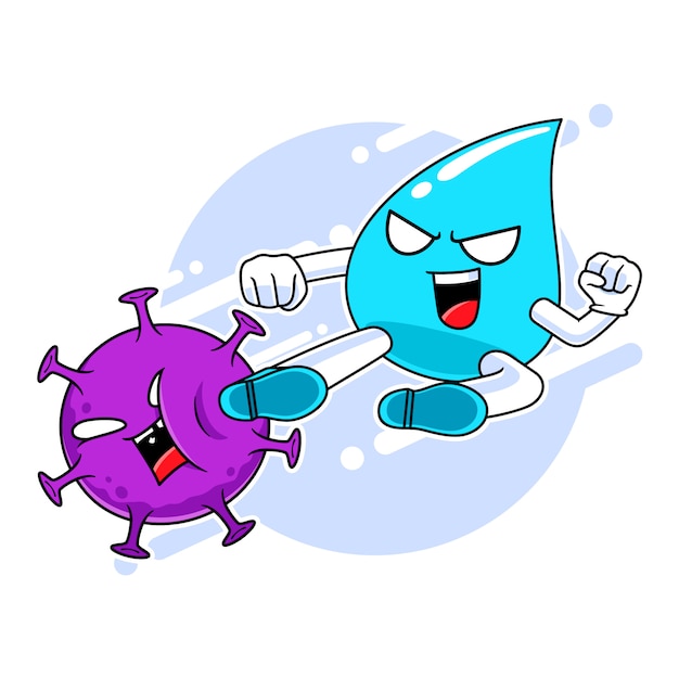 Water mascot character kicking corona virus, fight against virus concept