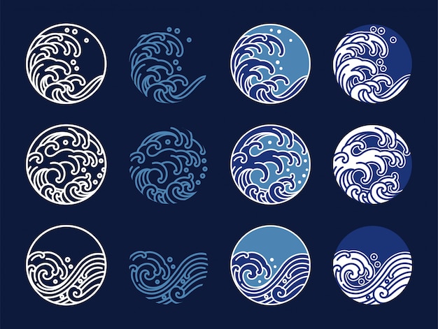 Water and ocean wave line art logo vector illustration. oriental style graphic design.