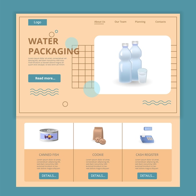 Вектор Шаблон веб-сайта плоской целевой страницы упаковки воды в консервах