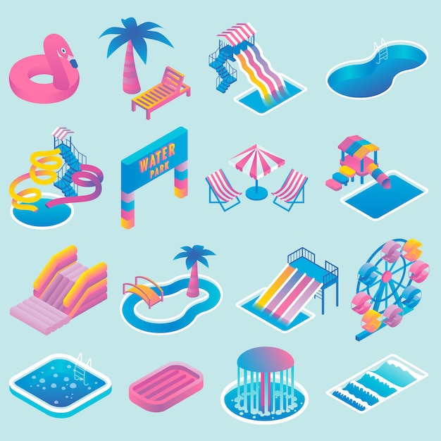 water park flat isometric icon set