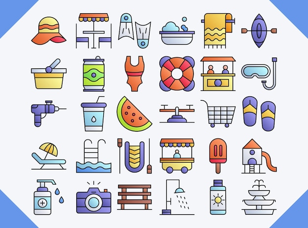 Vector water park line color icon pack design for download