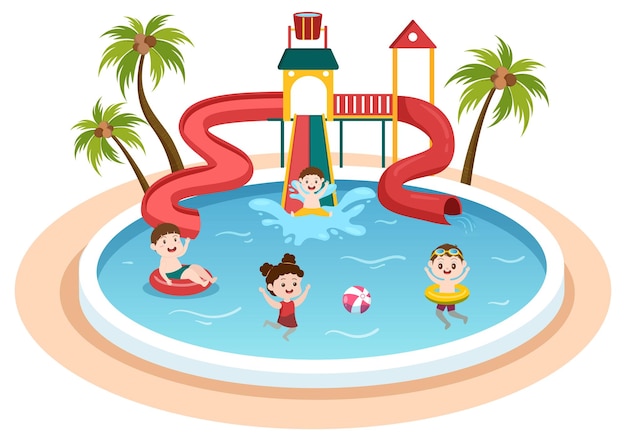 수영장이 있는 워터 파크와 아이들은 평면 만화 삽화에서 레크리에이션을 위해 수영합니다.