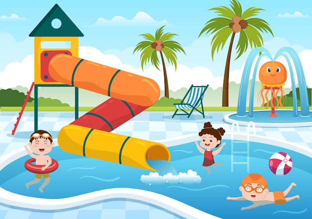 Vector water park with swimming pool and the children are swim for recreation in flat cartoon illustration