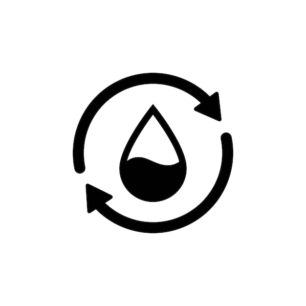 Water pictogram recyclen. Waterdruppel met 2 sync pijlen. Enkele zwarte ronde vloeibare recycle pictogram. Planeet bio bescherming cirkel plat ontwerp