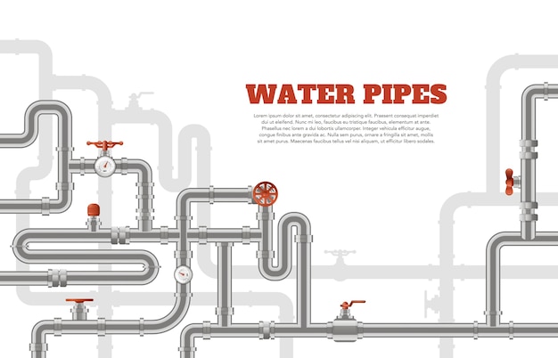 Water pipes background. metal pipelines construction banner, industrial tube pipes template, steel pipes engineering system  illustration. canalization drainage system, equipment technical