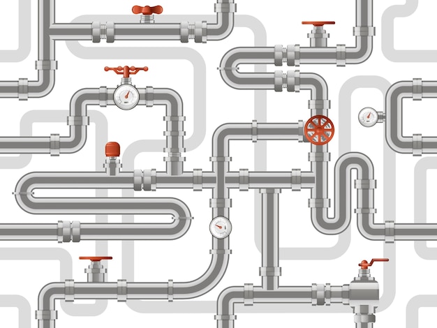 Sistema di tubazioni dell'acqua. modello di costruzione di condutture in metallo, tubi industriali con valvole di contatori, sfondo di costruzione di condutture. modello di costruzione fognaria, illustrazione dell'impianto idraulico della conduttura