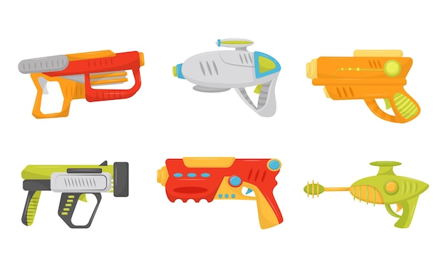 Vettore pistole d'acqua per bambini gioco set vettoriale giocoso per l'infanzia arma di intrattenimento per divertenti battaglie d'acqua