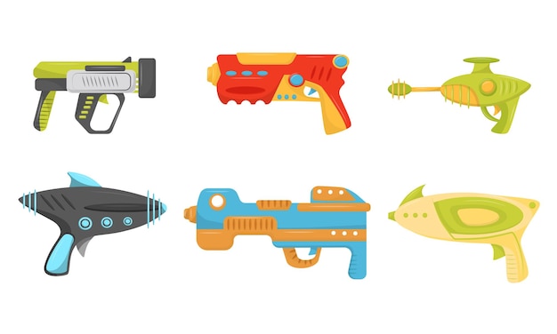 Water pistols for kids game vector set playful childhood entertainment weapon for funny water fight
