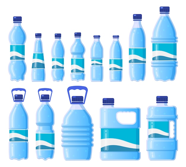 Vettore bottiglia d'acqua di plastica. bevande in plastica, imballaggi in vetro, acqua in bottiglia, conservazione in acqua fredda. icone dell'illustrazione delle bottiglie della bevanda messe. bottiglia di bevanda, contenitore di plastica per bere acqua