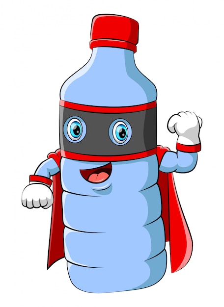 Water plastic bottle cartoon mascot character wearing superhero costume