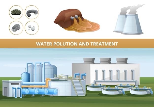 Vector water pollution and treatment cartoon poster with heavy metals sewage and purification plant vector illustration