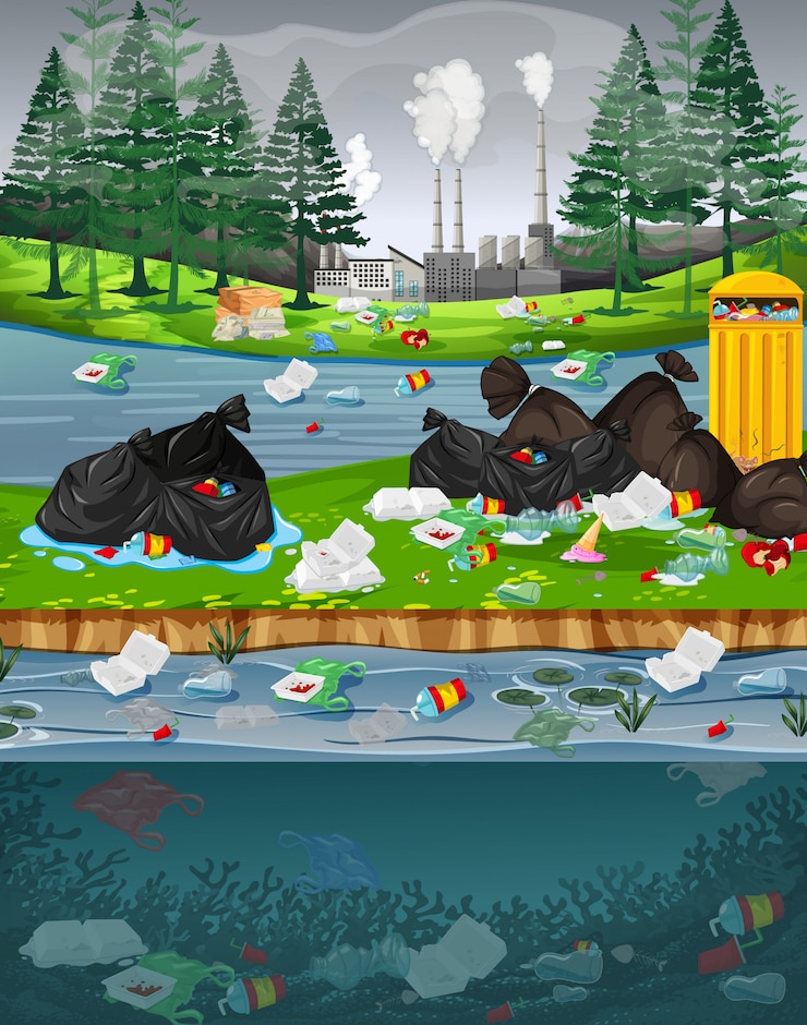 Vector water pollution with plastic bags in  park
