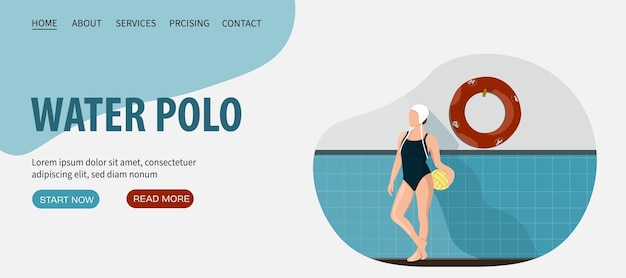 Water polo cartoon female player in action concept vector illustration Woman stands with the polo ball near the wall in pool Social page for your business