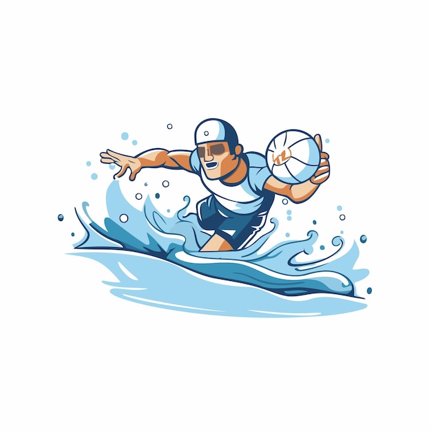 Игрок в водное поло на волне векторная иллюстрация в стиле мультфильма