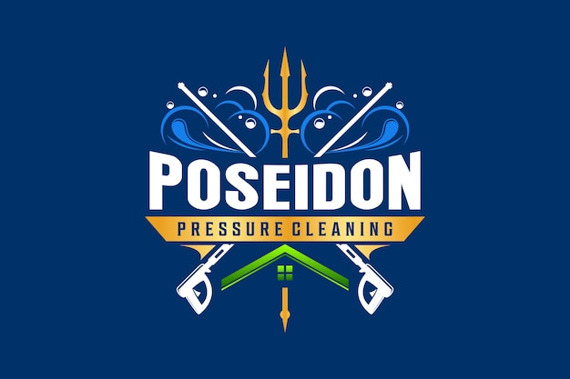 Acqua presure jet cleaner logo design poseidon tridente illustrazione