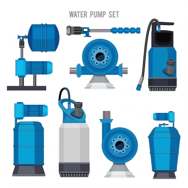 Vector water pump system. aqua treatment electronic steel compressor agriculture sewage station  icons set