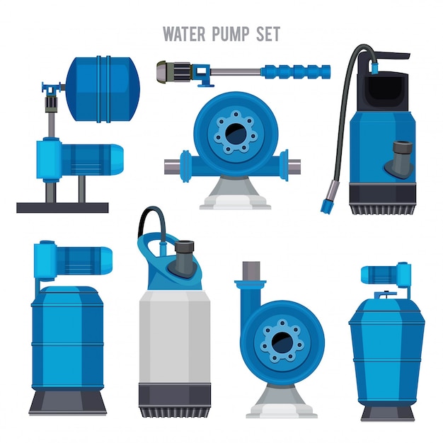 Vettore sistema di pompaggio dell'acqua. icone della stazione di depurazione di agricoltura del compressore d'acciaio elettronico elettronico di trattamento dell'acqua messe