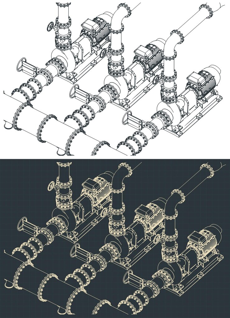 Vector water pumping station isometric blueprints illustrations