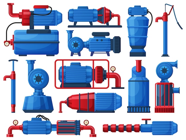벡터 워터 펌프, 산업용 워터 모터 펌핑 시스템. 공장 물 탱크, 물 펌핑 압축기 벡터 평면 그림 세트. 펌핑 모터 시스템. 물 펌프 장비 수집