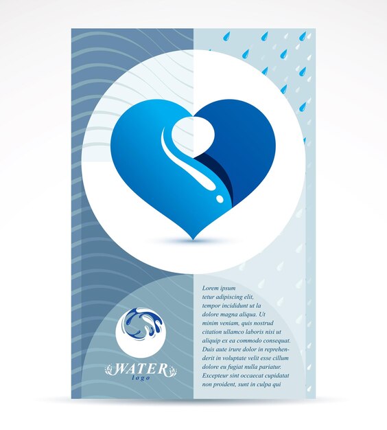 Idea di promozione aziendale per la purificazione dell'acqua, pagina principale dell'opuscolo. salva l'idea dell'acqua, a forma di cuore vettoriale.