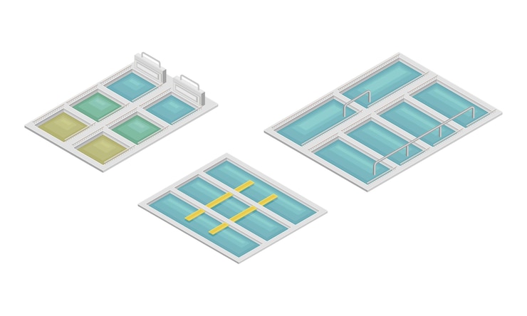 Vector water purification process with sedimentation in reservoir or basin isometric vector illustration set