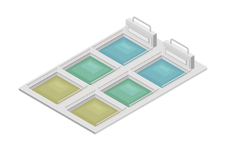 Vector water purification process with sedimentation in reservoir or basin isometric vector illustration