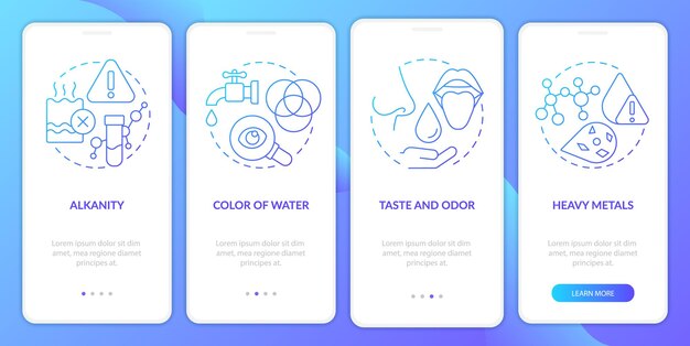 Analisi della qualità dell'acqua gradiente blu onboarding schermata dell'app mobile procedura dettagliata in 4 passaggi pagine di istruzioni grafiche con concetti lineari modello gui ui ux myriad probold font regolari utilizzati