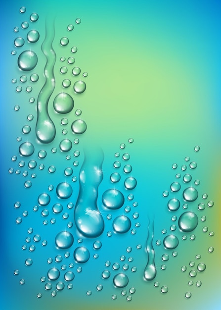 Water rain drops or condensation over blurred green nature background beyond the window, realistic transparent 3d vector illustration, easy to put over any background.