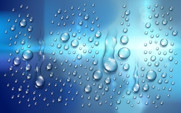 Water rain drops or condensation over blurred night city background beyond the window, realistic transparent 3d vector illustration, easy to put over any background.