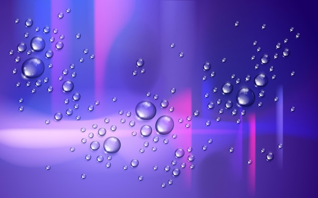 Water rain drops or condensation over blurred night city background beyond the window, realistic transparent 3d vector illustration, easy to put over any background.