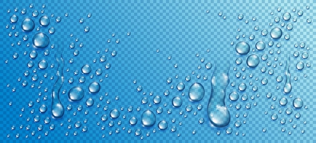 Vector water rain drops or condensation in shower realistic transparent 3d vector composition over transparency checker grid, easy to put over any background or use droplets separately.