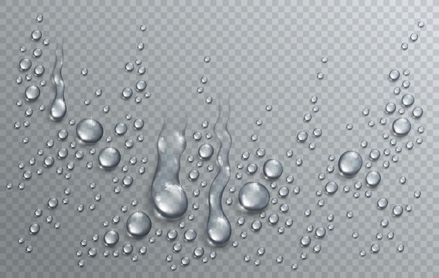 Water rain drops or condensation in shower realistic transparent 3d vector composition over transparency checker grid, easy to put over any background or use droplets separately.