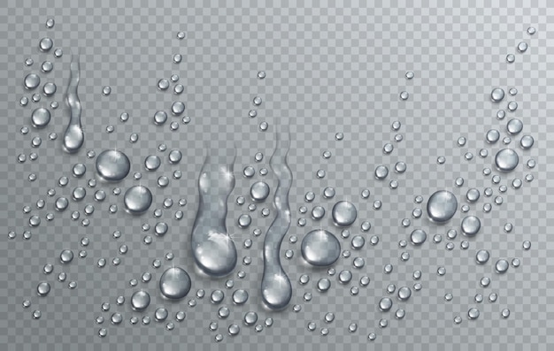 Vector water regendruppels of condensatie in douche realistische transparante 3d-vector samenstelling over transparantie checker raster, gemakkelijk over elke achtergrond te plaatsen of afzonderlijk druppels te gebruiken.
