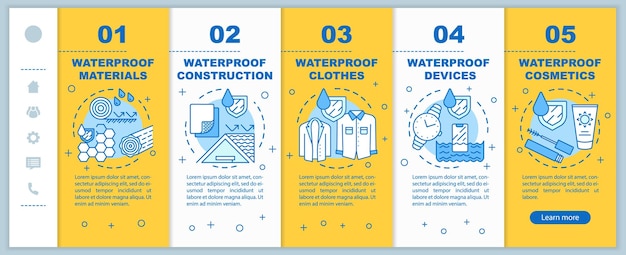 Water resistant hydrophobic coating onboarding mobile web pages vector template