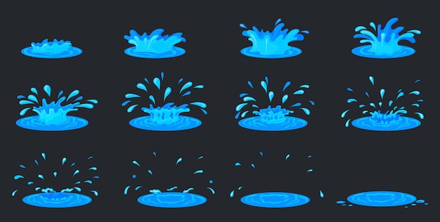 Water rimpel animatie Cartoon splash fx effect 2d spel sprite blad frames vloeibare drop storyboard bewegingseffect regendruppels flash zee set nette vectorillustratie