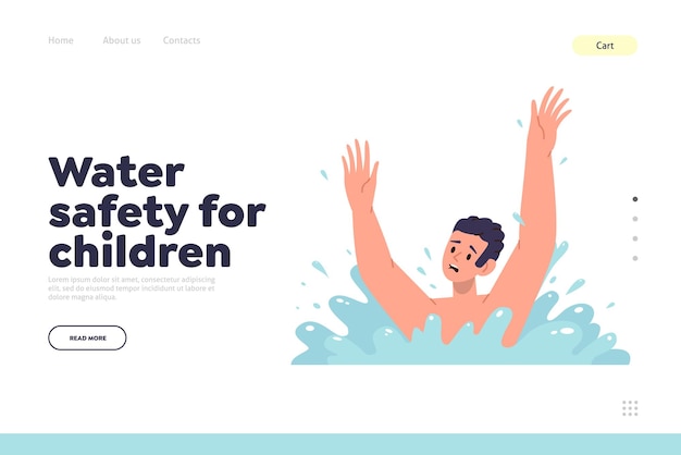 Water safety for children landing page design template with kid character drowning while swimming