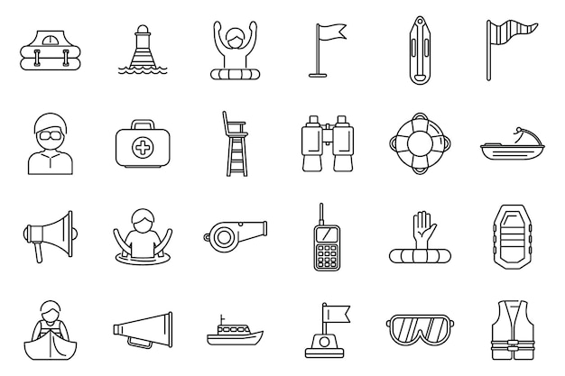 Vector water safety training icons set outline vector float help guard acitivity