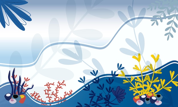 Under water, seascape, plants, waves in flat style