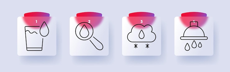 Vector water set icon glass with drop magnifying glass cloud with raindrop serving dish with drops hydration weather filtration clean water sustainability