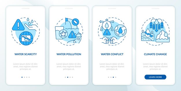 Vettore la fonte d'acqua minaccia la schermata dell'app mobile di onboarding blu