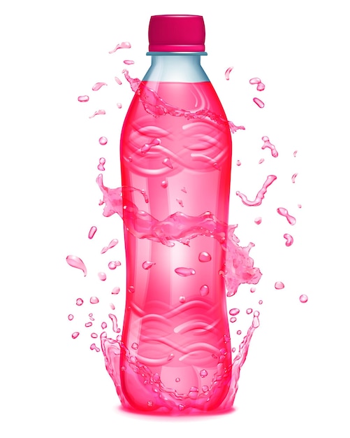 Water spat in roze kleuren rond een plastic fles met roze vloeistof Fles met roze dop gevuld met roze sap