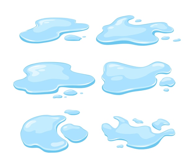 Vector water spill puddles set on a white isolated background blue autumn natural liquid on the ground