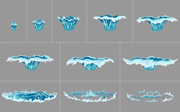 Vector water splash animation dripping water special effect fx sprite sheet clear water drops burst for flash animation in games and video cartoon frames