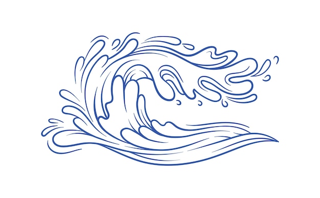 Vector water splash blue minimalistic sketch wave with drops and steam sea and river aqua and ho storm in