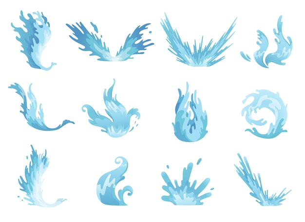 Water splash. Blue water waves set, wavy liquid symbols of nature in motion.