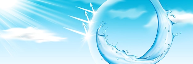 Vector water splash reflecting sunbeams liquid shielding rays at sky with clouds fluid repelling or